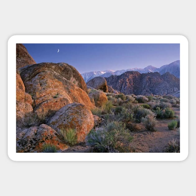 Crescent Moon Rising Over Sierra Nevada Range As Seen From Alabama Hills Sticker by RhysDawson